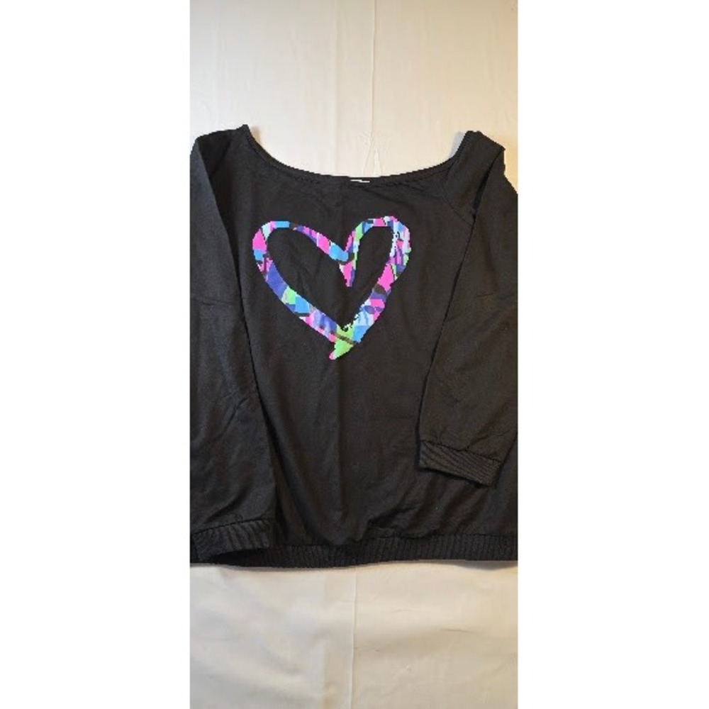 MagicMK Womens Black Heart Graphic Off Shoulder Long Sleeve Top Size XL